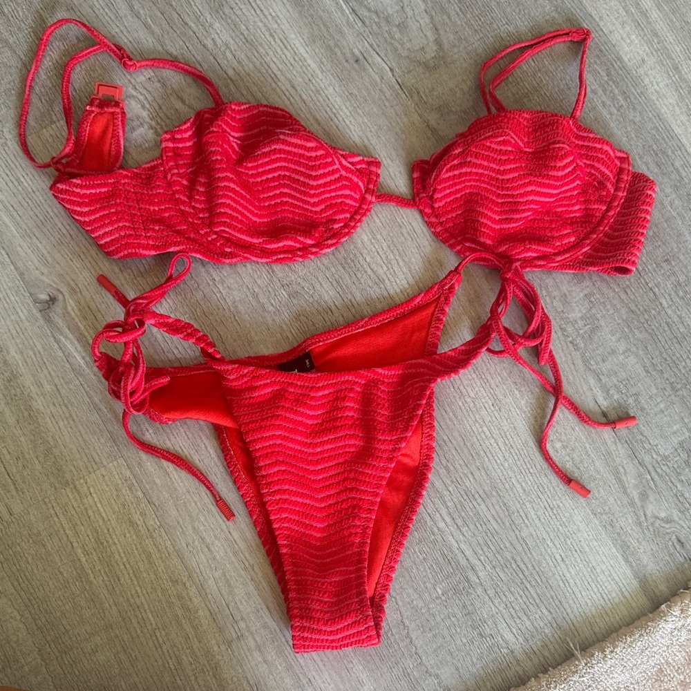 Red Textured Bikini Set